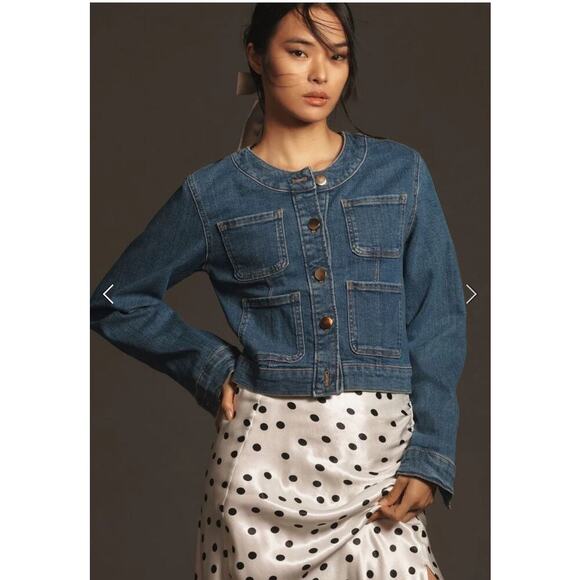 NWT Anthropologie Maeve Coco Blue Denim Jacket Size S Gold Buttons Cropped - Picture 9 of 9